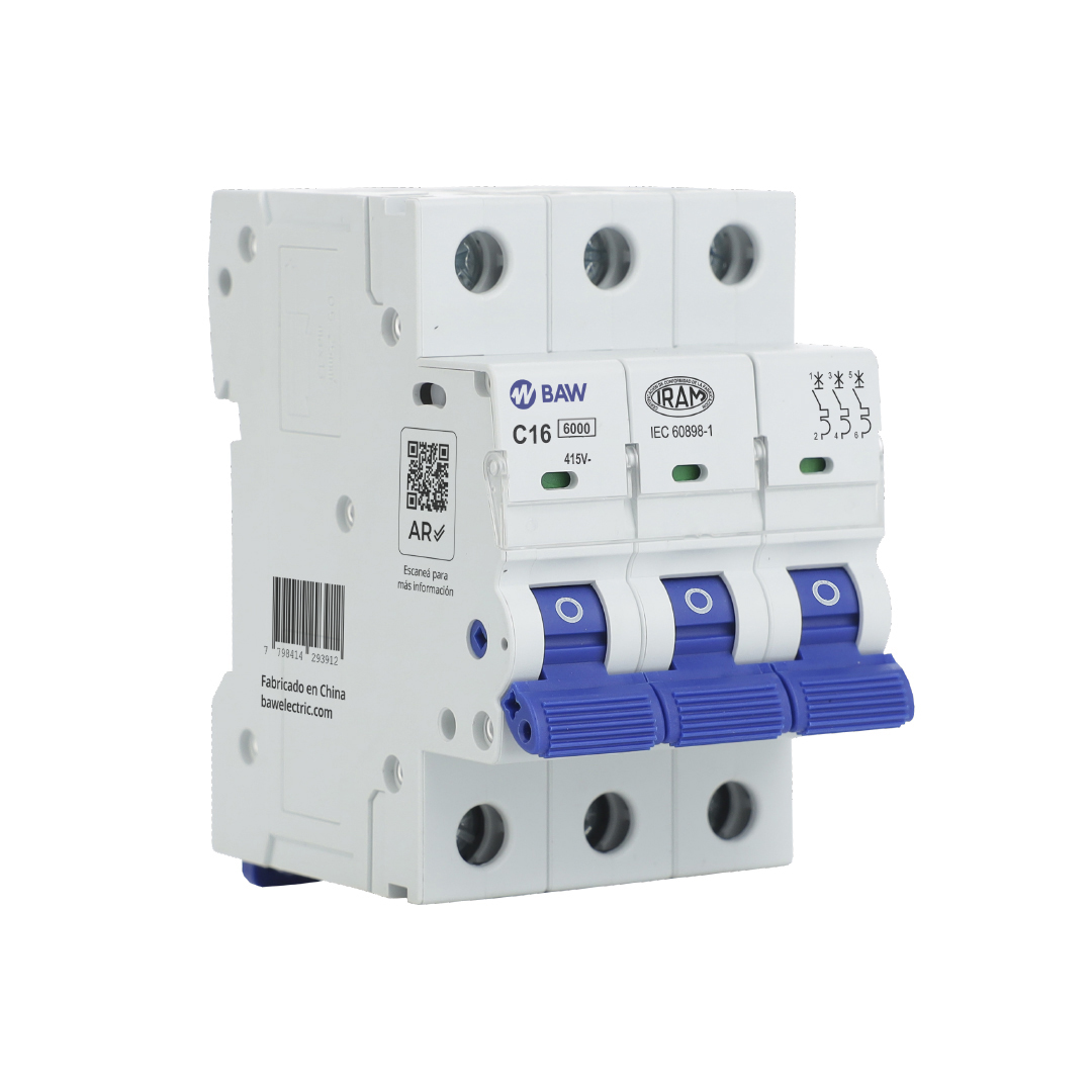 Interruptor Termomagnético 3P. 16A Icn 6kA Curva C. Serie L.